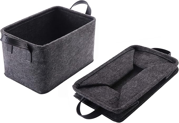 Collapsible Storage Bins Foldable Felt Fabric Storage Basket Organizer Boxes Containers with Handles PU Handles for Nursery Toys,Kids Room,Clothes,Towels,Magazine (PU-Dark grey, 15.9L×11W×9.8H)