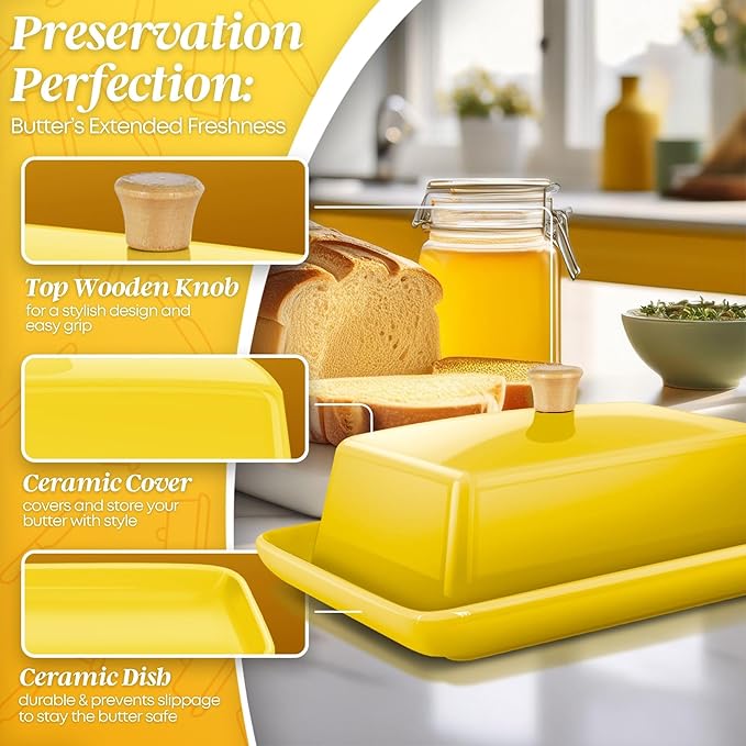 Flexzion Ceramic Yellow European Butter Dish with Lid for Countertop (8 Inch) - Wide 2 Stick Double Butter Holder for Counter, Cream Cheese Container Storage Keeper