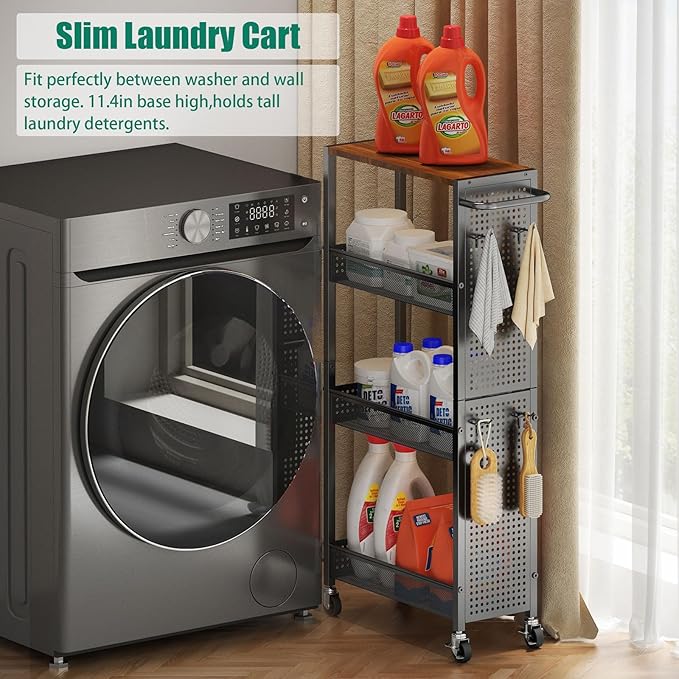 Slim Rolling Storage Cart with Wheels, 4-Tier Metal Utility Cart with Handle & Wood Top, Small Mobile Organizer Shelf Unit for Laundry Room, Kitchen, Bathroom, Office, Narrow Space