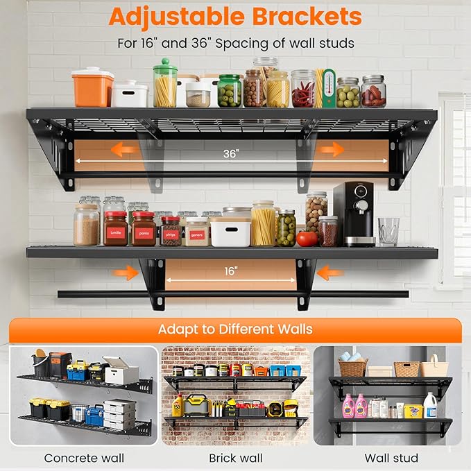 Garage Shelving 2x3ft 4-Pack, Garage Storage Rack 24"x36" Metal Shelves Black Wall Mounted with rods & 6 Hooks, Heavy Duty Wall Shelving Floating Shelves, 1000lbs Total load Capacity