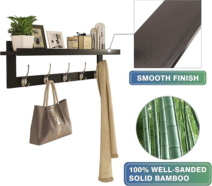 SMIBUY Coat Hooks with Shelf Wall-Mounted, 29.2 Inch Entryway Coat Rack for Wall, Bamboo Hanging Shelf with 5 Double Metal Hooks for Bathroom, Bedroom, Kitchen, Living Room, Mudroom (Dark Brown)