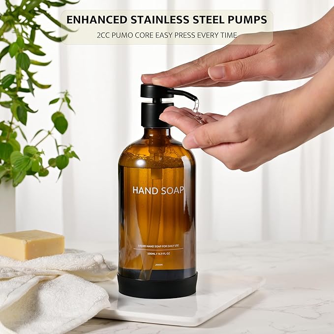 Glass Kitchen Soap Dispenser Set with Ceramic Tray,16.9 floz Hand and Dish Soap Dispenser for Kitchen and Bathroom Decor (Amber Bottles + Black Pumps)