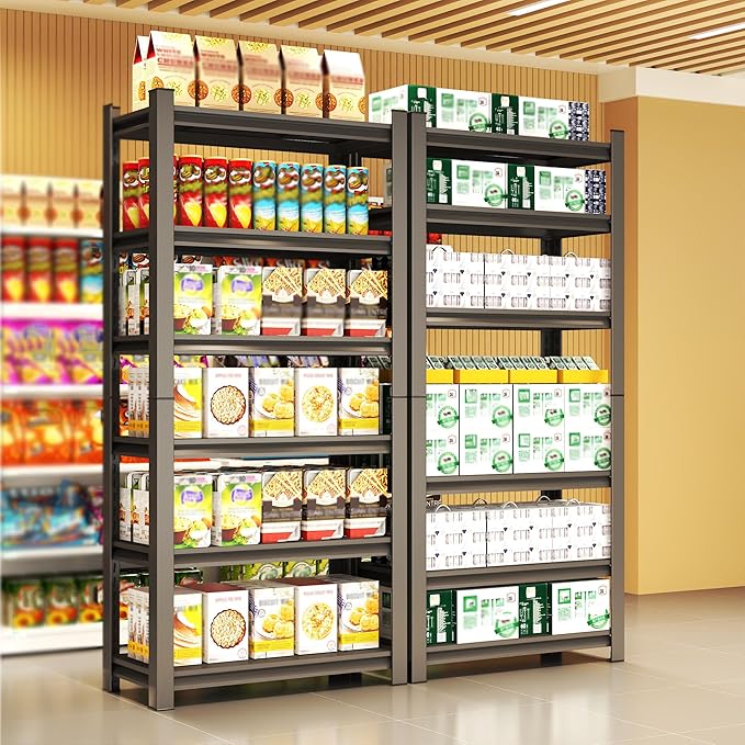 Storage Shelves, Garage Metal Shelving Unit, Adjustable, Double-Layer Column with Reinforced Ribs, Heavy-Duty, Capable of Bearing 600-3600 lbs (Black, 82 * 39 * 18, 6-Tier)