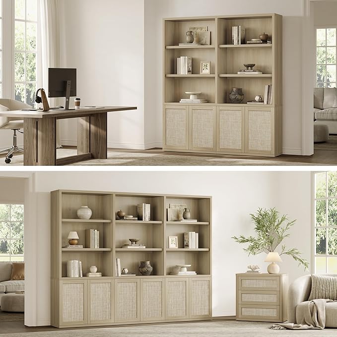 SICOTAS 70.5" Tall Bookshelf - 5-Tier Rattan Bookcase with Storage Cabinet Large Farmhouse Book Shelves with Doors, Boho Bookshelves for Living Room Home Office Library(Sand Oak, 2 Pieces)