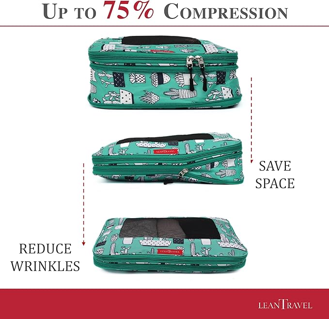 LeanTravel Compression Packing Cubes for Travel Organizers with Double Zipper (6-Pack (2L+2M+2S), Green Cactus)