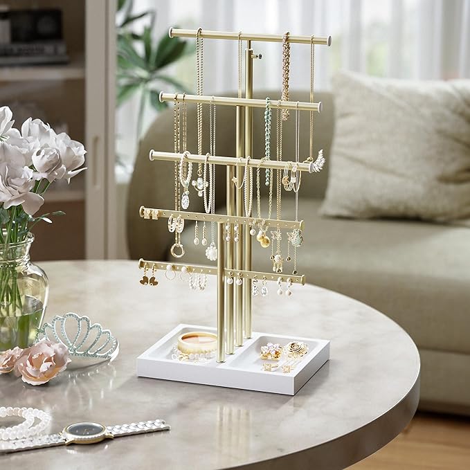 Love-KANKEI Jewelry Organizer Stand,5 Tier Large Necklace Holder with Wood Base,Jewelry holder stand Tree for Display,Bracelets Earrings Rings,Height Adjustable Gift White and Gold