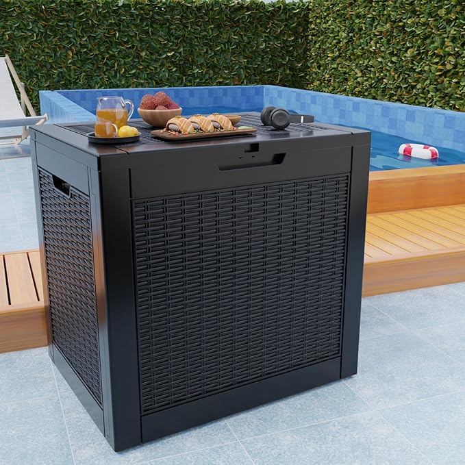 37 Gallon Outdoor Deck Box,Storage Lockable Waterproof Patio Furniture,Garden Tools,Cushions,Pool Accessories Outside Storage Resin Box(Black)