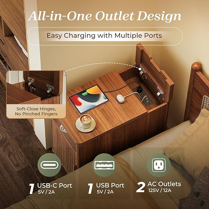 Huuger Narrow Nightstand with Charging Station, USB-C Port, Set of 2 Night Stand, Fluted End Table with Storage Cabinet, Back Rack, Side Table for Small Spaces, 13.4×23.6 Inch, Walnut