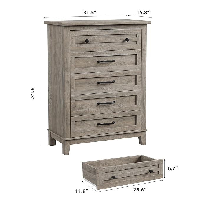 GarveeHome 5 Dresser for Bedroom, 41.3 in Tall Vertical Drawer Dresser with Large Storage, Freestanding Wooden Closet Chest for Bedroom, Living Room, Ash Grey