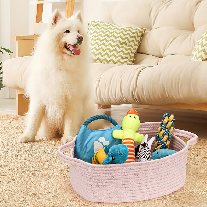 Small Woven Cotton Rope Basket Cute Baby Gift Baskets Empty Decorative Storage for Organizing Shelves Closet Baby Nursery Basket Bin Toy Storage Basket Organizer 13.7"x10.2"x5" Pink Easter