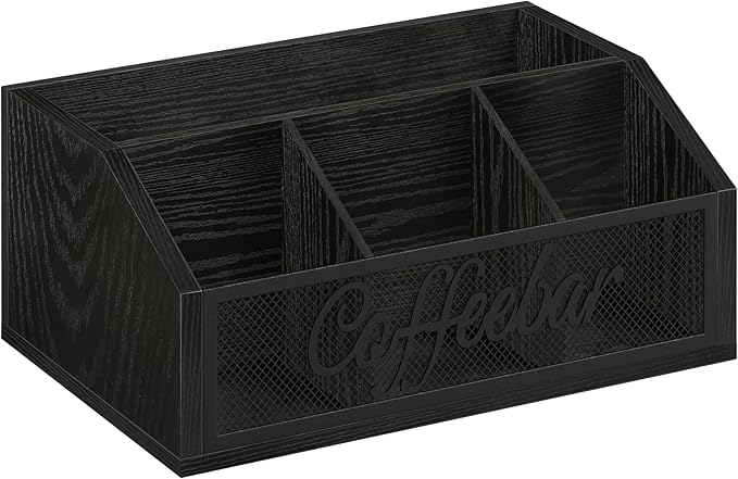 YINMIT Coffee Station Organizer for Countertop, Wood Coffee Bar Organizer with Removable Dividers for Pods, Syrup, Cups, Stirrer, Tea - Office Bar Accessories, Black