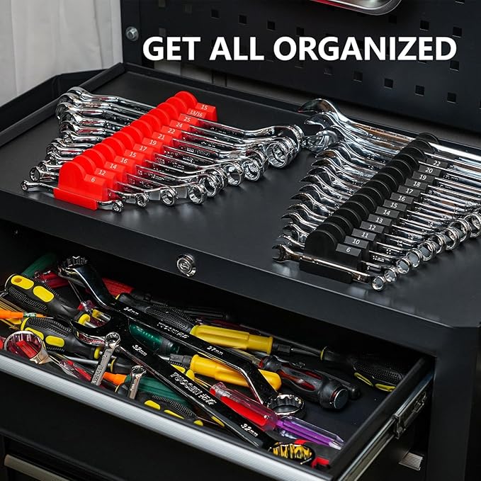 80 pcs MAGNETIC Modular Wrench Organizers for Tool Drawers - Wrench Rack with Metric & SAE Labels, Perfect Tool Storage Holder. Gift for father, brother and boyfriend (With Magent) (Black and Red)