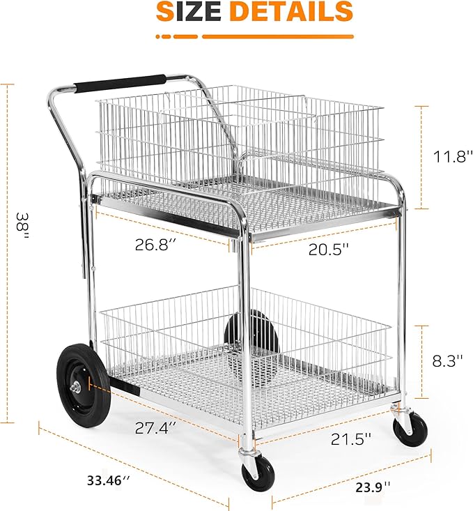 Mail Office File Cart, 400lb Capacity Heavy Duty Steel File Organizer Cart, 2 Shelf Basket Wire Office File Cart for Offices, Home, Warehouse，Court.