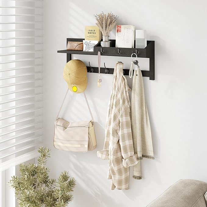 AMBIRD Wall Hooks with Shelf - 26.57" Entryway Wall Hanging Shelf Wood Coat Hooks and Key Holder (Black)
