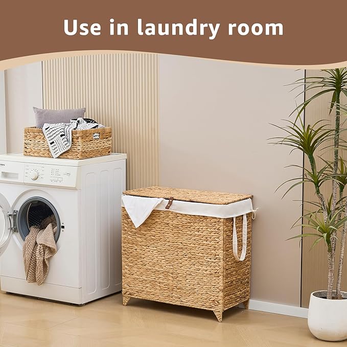 Laundry Hamper with Lid and Removable Liner Bag, Handwoven Natural Hyacinth Clothes Hamper with Heightened Feet, Wicker Laundry Basket for Clothes and Towels，Large, 2-sections