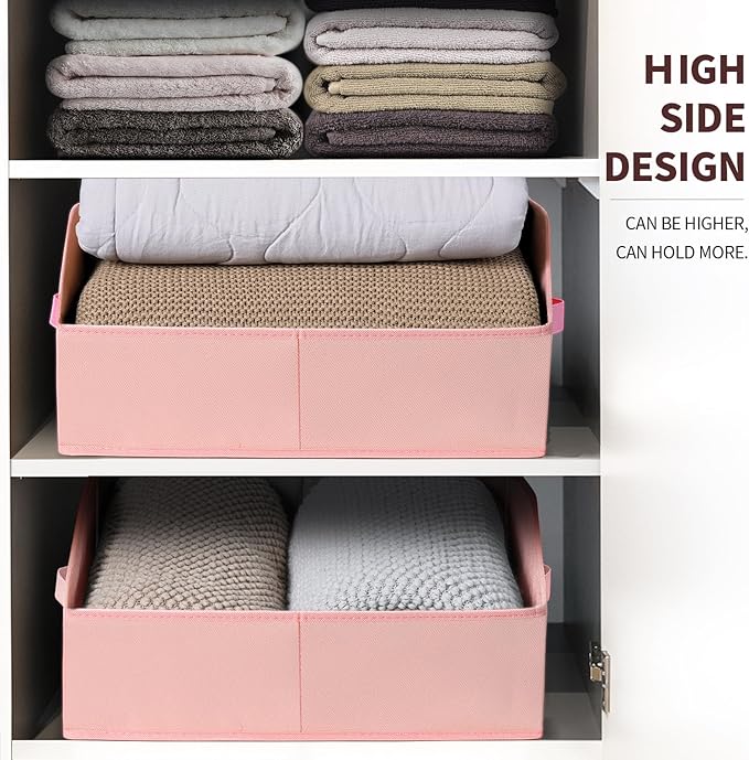Closet Baskets for Shelves Trapezoid - Decorative Storage Baskets with Handle, Closet Bins for Organization, Shelf Storage Bins for Clothes, Books, Home, Office, 3 Pack, Pink