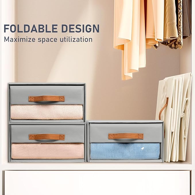 DIMJ Closet Organizers and Storage - Foldable Storage Bins with Drawers Pull-Out Stackable Storage Drawers with Clear Window,Fabric Clothes Organizers and Storage Drawers for Closet, 6-Pack, Grey