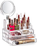 Masirs Clear Makeup Organizer with Mirror – 16-Compartment Cosmetic and Jewelry Holder, 4-Drawer Vanity Storage, Elegant Clear Design for Makeup and Accessories