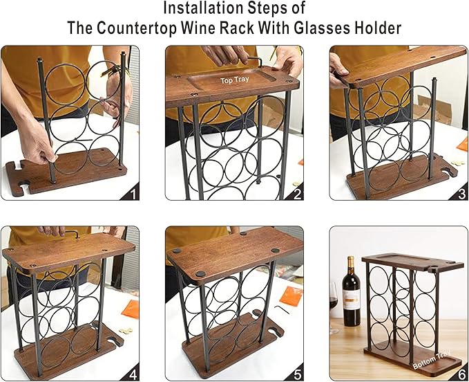 ALLCENER Wine Rack with Glass Holder, Countertop Wine Rack, Wooden Wine Holder with Tray, Perfect for Home Decor & Kitchen Storage Rack etc (Hold 6 Bottles and 2 Glasses)