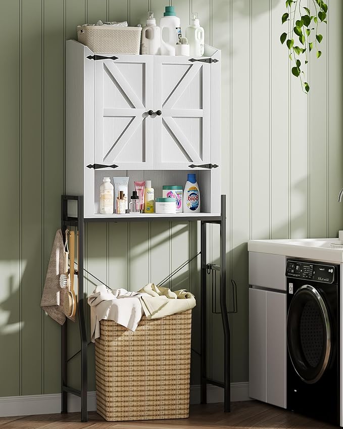Over The Toilet Storage Cabinet, Over Toilet Organizer with 2-Door & Metal Stand, Bathroom Organizers and Storage with Adjustable Shelves for Bathroom, Restroom, Laundry, White