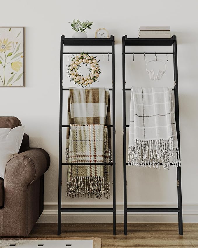 Blanket Ladder Shelf, Decorative Quilt Rack,6-Tier Farmhouse Ladder Holder Organizer with 4 Removable Hooks, Black BR35804B