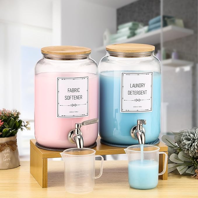 Laundry Detergent Dispenser. 0.9 Gallon Glass Laundry Soap Liquid Laundry Detergent Dispense. Fabric Softener Dispenser With Stand and Bamboo Lid. Laundry Room Organization and Storage