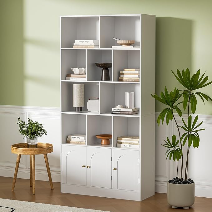 71" Tall Bookshelf with 10 Cubes and 3 Doors, 4-Tier Bookshelf, Open Shelf Bookcase with Cabinet, Modern Cube Storage Organizer for Living Room, and Office, White