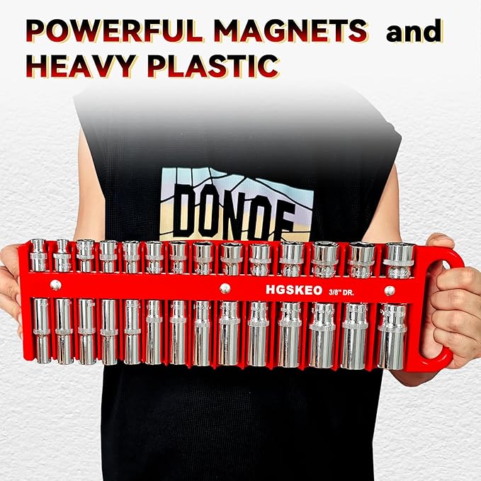 Magnetic Socket Holder Set with Handle, Portable Socket Organizer, Heavy Duty Socket Racks 3/8" Drive Holders Hold 28 standard Sockets for Tool Box (Red, 3/8" Drive)