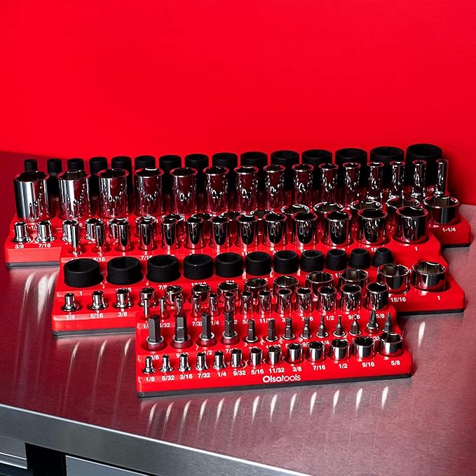Olsa Tools Magnetic Socket Organizer (1/4-Inch Drive, 3 Row) - Magnetic Tool Organizer & Socket Holder - Tool Box Socket Organizers - SAE Red - Holds 39 Sockets - Professional Grade - Part: 1545