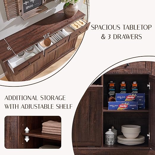 Triple Tilt Out Trash Can Cabinet, 20 Gallon Farmhouse Laundry Hamper Cabinet w/3 Drawers & Adjustable Shelf, Hidden Wooden Trash Can Cabinets with Storage Basket for Kitchen (Brown)