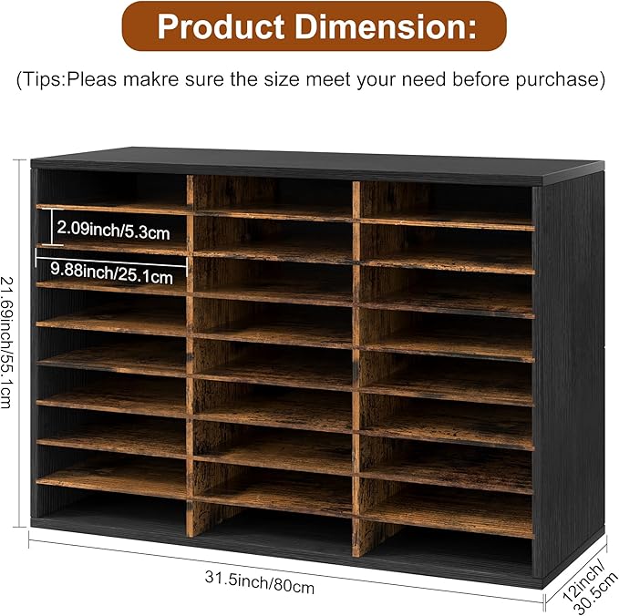 Literature Organizer 27 Slots Wooden Mailboxes for Classroom Office Mail Organizer Countertop Vertical File Sorter with Adjustable Shelves Heavy Duty Office Mailbox Cubbies, Black/Rustic Brown