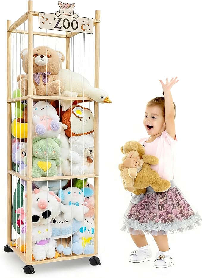 Stuffed Animal Storage Organizer, 55In Large Wooden Zoo Toy Storage Holder with Brake Wheels & Elastic Band, Space Save Stuffy Plushies Organizers for Playroom, Bedroom and Nursery