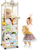 Stuffed Animal Storage Organizer, 55In Large Wooden Zoo Toy Storage Holder with Brake Wheels & Elastic Band, Space Save Stuffy Plushies Organizers for Playroom, Bedroom and Nursery