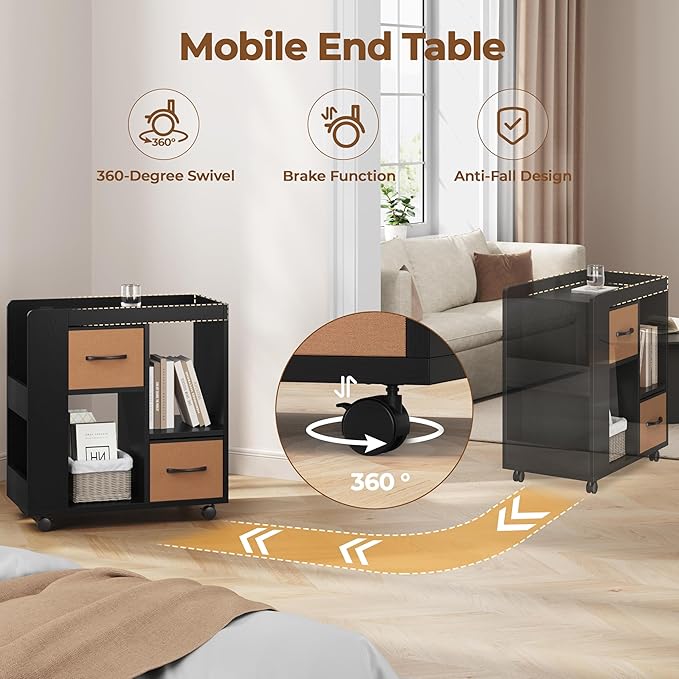 Yaheetech Narrow Side Table with Storage, Wooden Rolling Nightstand Bedside Table with Wheels, Magazine Racks and Open Shelves, End Table with Drawers for Living Room Bedroom, Black