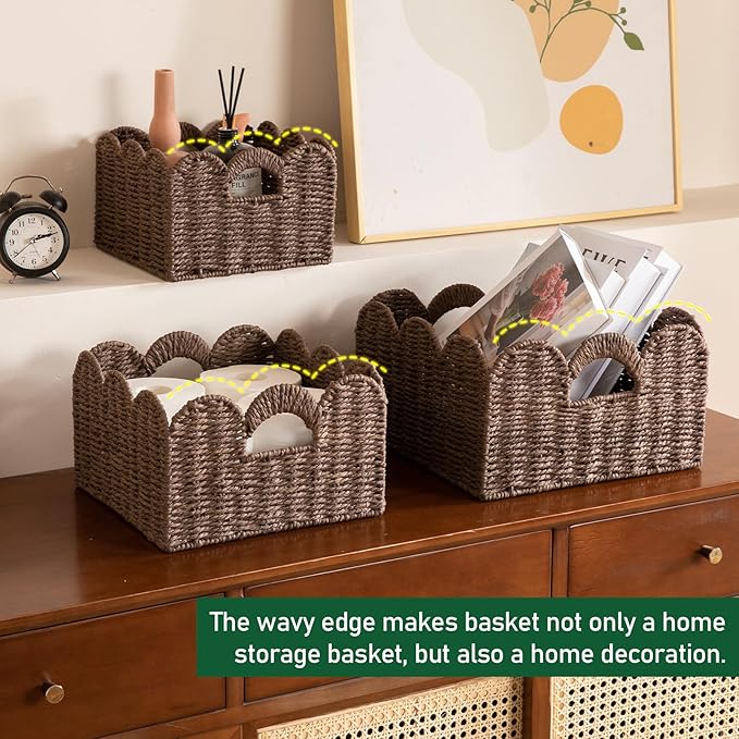 OIAHOMY Scalloped Wicker Baskets, Hand-woven Storage Baskets with Built-in Handles, Paper Rope Shelf Baskets for Organizing and Decoration, Set of 3-Brown