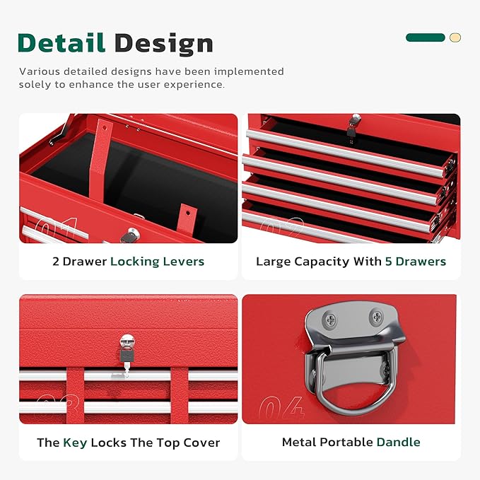Greenvelly Tool Chest, 5-Drawer Rolling Tool Chest with Hooks and Lockable Wheels,Metal Storage Detachable Top Tool Box with Lockable Wheels for Garage,Workshop,Art Studio(Red)