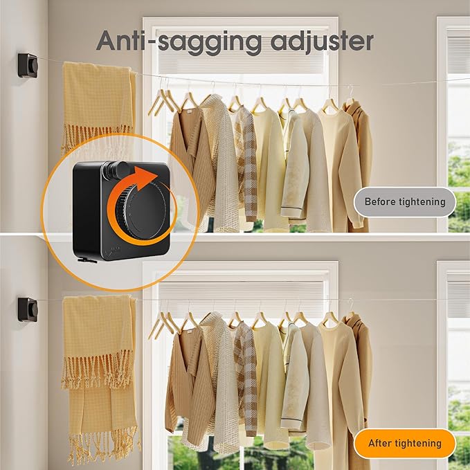 Retractable Heavy Duty Clothesline - Wall Mounted Indoor and Outdoor Laundry Drying Solution, 15.7ft Anti-Sagging Stainless Steel Rope (Black)
