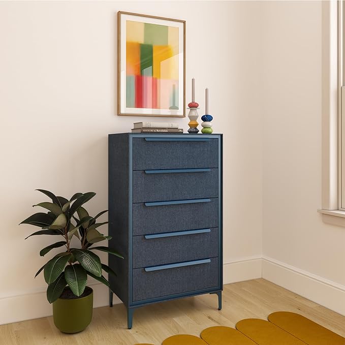 tinge Naima Premium Fabric Dresser - Strong Metal Frame, 5 Spacious Sag-Proof Drawers with Sleek Metal Handles - Premium & Durable Storage Solution for Your Home (Navy)