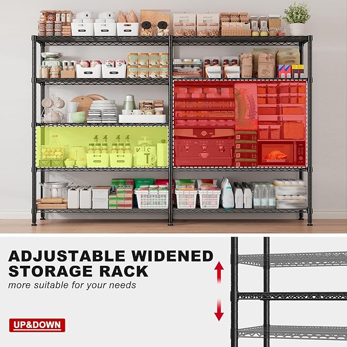 REIBII 70" W Storage Shelves Load 1600LBS,Metal Shelving 5-Tier Wire Shelving Unit Garage Shelving for Storage Adjustable Metal Shelves for Pantry Kitchen Garage Commercial, 70" W*15.8" D*72.4" H
