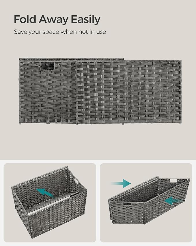 SONGMICS Storage Basket with Lid, Woven Blanket Storage Bin with Handles, Foldable, Removable Liner, Metal Frame, for Bedroom, Laundry Room, 27.7 Gallons (105 L), Gray URST066G01