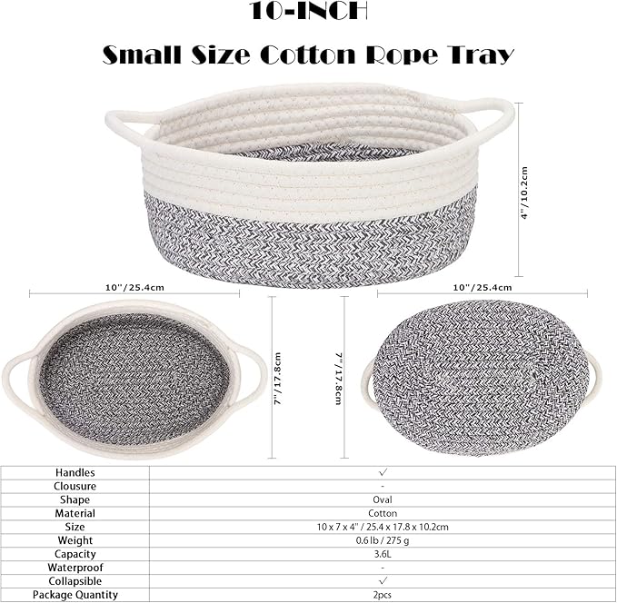 Sea Team 2-Pack Cotton Rope Baskets, 10 x 7 x 4 Inches Small Woven Storage Basket, Fabric Tray, Bowl, Oval Open Dish for Fruits, Jewelry, Keys, Sewing Kits (Mottled Grey & White)