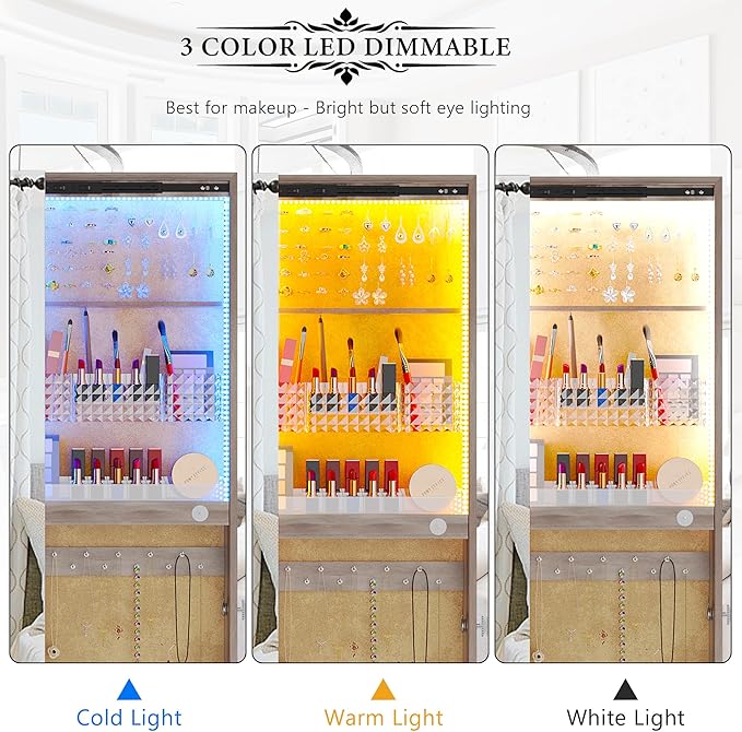 HNEBC 360° Rotating LED Jewelry Armoire, Full Length Mirror with Jewelry Storage Rear Storage Shelves, Floor Standing 3 Color Dimmable Mirror Jewelry Organizer with 4 Lockable Wheels (Brown)