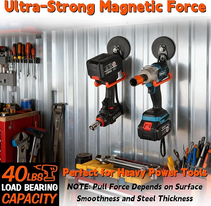ULIBERMAGNET New Updated Strong Magnetic Hooks,2 Pack Heavy Duty Large Magnetic Hooks for Extension Cord, Cable, Hose, Power Cord,Rope,Drill,Jig Saw,Circular Saw,Garden Lawn Tools (Orange/3.46inch)