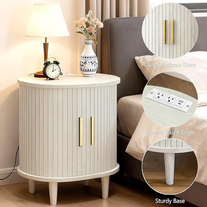 Nightstand with Charging Station, Fluted Accent Side Table with Sliding Door & Adjustable Shelf, Mid-Century Modern End Table for Small Space, Living Room, Bedroom (1, White)