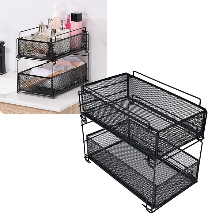 Cupboard Organiser, 2 Tier Under Sink Storage Organiser, Kitchen Storage Drawer Basket Rack Multilayer Kitchen Shelf Sliding Under Sink Drawer