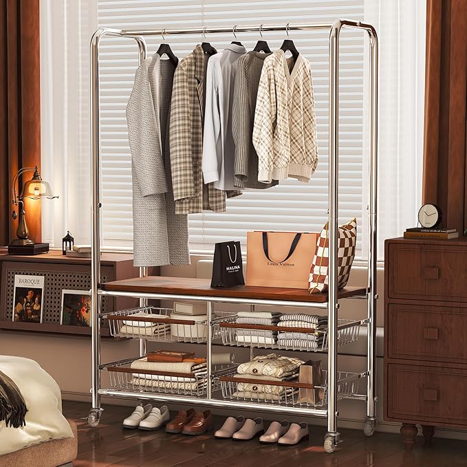Rolling Clothing Garment Rack for Hanging Clothes–Portable Indoor Wardrobe Closet Organizer Shelves Metal Hanger Stand Heavy Duty Coat Drying Storage Racks with Wheels 15.7"Dx37"Wx67.7"H Chrome