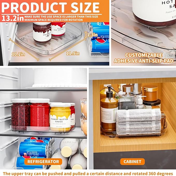 Yieach Clear Refrigerator Lazy Susan Turntable,11.9''x10.2'',Square Fridge Turntable Organizer,Large Rotating Fridge Tray for Kitchen,Countertop,Pantry,Cabinet,Jars and Condiment Organizer,Pack of 1