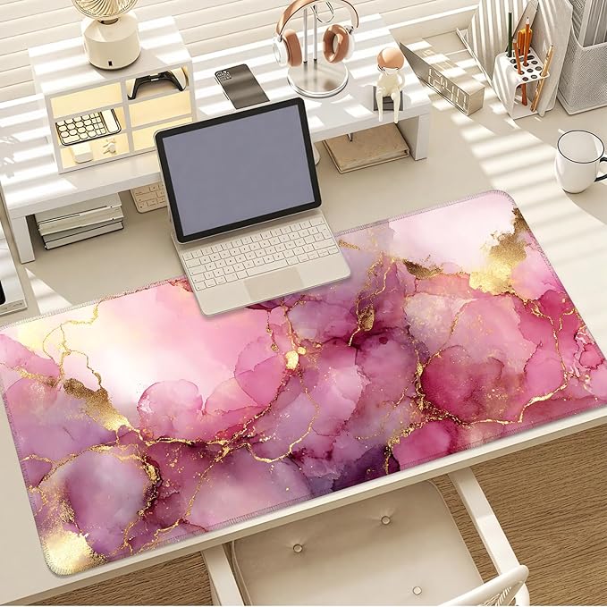 Pink Marble Ink Mouse Pad – Large Extended Desk Mat 35.43 x 15.75 in – Elegant Watercolor Gold Foil Design, Waterproof Surface, Non-Slip Rubber Base, Keyboard & Mouse Pad for Office or Gaming
