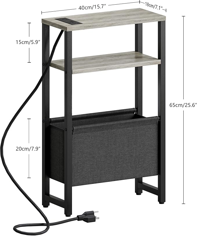 Narrow Side Table with Charging Station Slim End Table Sofa with Magazine Rack, Bedside Table for Small Spaces, 3 Tier Nightstand for Living Room Couch, Bedroom Oak Grey LET503QE