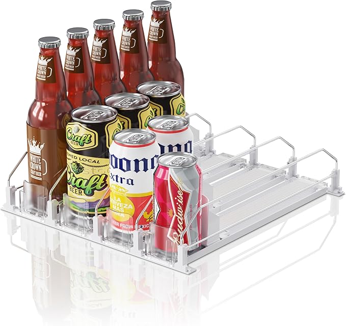 Drink Organizer for Fridge,12oz 16oz 20oz - Soda Can Dispenser for Refrigerator,Width Adjustable,Automatic Pusher Glide,15"D,White,4 ROW,Holds 20 Cans